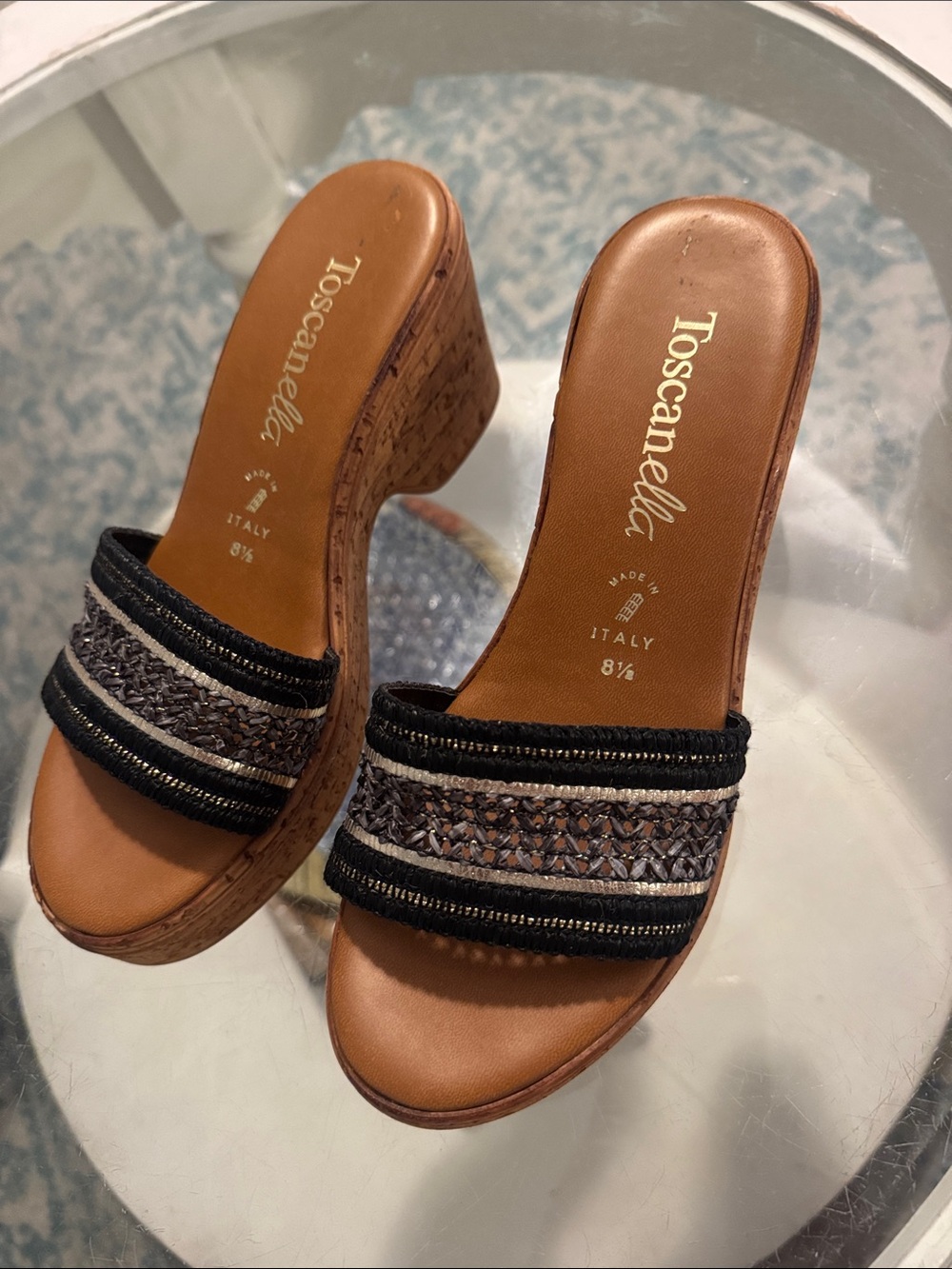 Toscanella Black & Brown Woven Cork Wedge Slides
